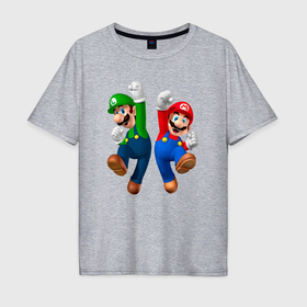 Мужская футболка хлопок Oversize с принтом Луиджи и Марио в прыжке , 100% хлопок | свободный крой, круглый ворот, “спинка” длиннее передней части | Тематика изображения на принте: 