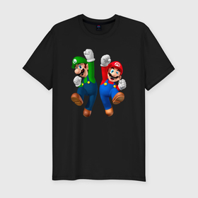 Мужская футболка хлопок Slim с принтом Луиджи и Марио в прыжке , 92% хлопок, 8% лайкра | приталенный силуэт, круглый вырез ворота, длина до линии бедра, короткий рукав | Тематика изображения на принте: 
