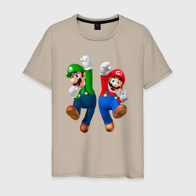 Мужская футболка хлопок с принтом Луиджи и Марио в прыжке в Санкт-Петербурге, 100% хлопок | прямой крой, круглый вырез горловины, длина до линии бедер, слегка спущенное плечо. | Тематика изображения на принте: 