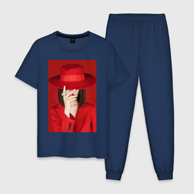 Мужская пижама хлопок с принтом Девушка в шляпе на красном фоне в Кировске, 100% хлопок | брюки и футболка прямого кроя, без карманов, на брюках мягкая резинка на поясе и по низу штанин
 | 