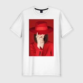 Мужская футболка хлопок Slim с принтом Девушка в шляпе на красном фоне в Кировске, 92% хлопок, 8% лайкра | приталенный силуэт, круглый вырез ворота, длина до линии бедра, короткий рукав | Тематика изображения на принте: 