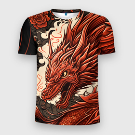 Мужская футболка 3D Slim с принтом Японский краcный дракон , 100% полиэстер с улучшенными характеристиками | приталенный силуэт, круглая горловина, широкие плечи, сужается к линии бедра | 