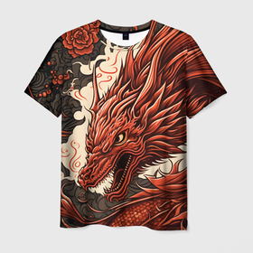 Мужская футболка 3D с принтом Японский краcный дракон в Санкт-Петербурге, 100% полиэфир | прямой крой, круглый вырез горловины, длина до линии бедер | 