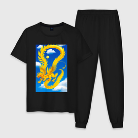 Мужская пижама хлопок с принтом Китайский дракон в небе в Тюмени, 100% хлопок | брюки и футболка прямого кроя, без карманов, на брюках мягкая резинка на поясе и по низу штанин
 | Тематика изображения на принте: 