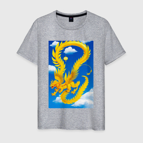 Мужская футболка хлопок с принтом Китайский дракон в небе в Тюмени, 100% хлопок | прямой крой, круглый вырез горловины, длина до линии бедер, слегка спущенное плечо. | Тематика изображения на принте: 