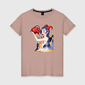 Женская футболка хлопок с принтом Дьяволица принимает лавовую ванну , 100% хлопок | прямой крой, круглый вырез горловины, длина до линии бедер, слегка спущенное плечо | 