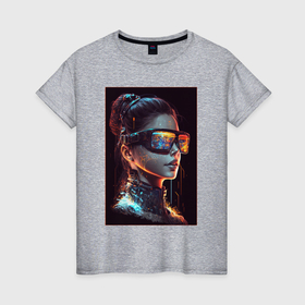 Женская футболка хлопок с принтом Девушка в ярких виртуальных очках в Санкт-Петербурге, 100% хлопок | прямой крой, круглый вырез горловины, длина до линии бедер, слегка спущенное плечо | 