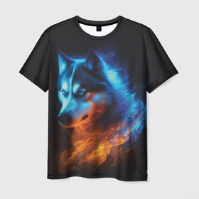 Мужская футболка 3D с принтом Водно огненная стихия волка , 100% полиэфир | прямой крой, круглый вырез горловины, длина до линии бедер | 