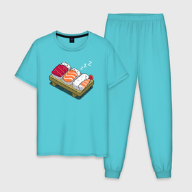 Мужская пижама хлопок с принтом Спящие суши в Петрозаводске, 100% хлопок | брюки и футболка прямого кроя, без карманов, на брюках мягкая резинка на поясе и по низу штанин
 | Тематика изображения на принте: 