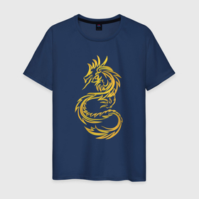 Мужская футболка хлопок с принтом Золотой блестящий дракон в Санкт-Петербурге, 100% хлопок | прямой крой, круглый вырез горловины, длина до линии бедер, слегка спущенное плечо. | 