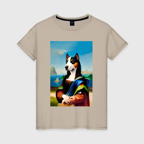 Женская футболка хлопок с принтом A dog named Gioconda   humorous art , 100% хлопок | прямой крой, круглый вырез горловины, длина до линии бедер, слегка спущенное плечо | Тематика изображения на принте: 