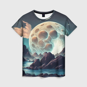 Женская футболка 3D с принтом Огромная луна на ночном небе в Белгороде, 100% полиэфир ( синтетическое хлопкоподобное полотно) | прямой крой, круглый вырез горловины, длина до линии бедер | 