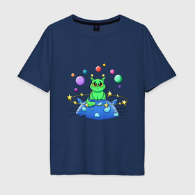 Мужская футболка хлопок Oversize с принтом Зеленый кот инопланетянин , 100% хлопок | свободный крой, круглый ворот, “спинка” длиннее передней части | 