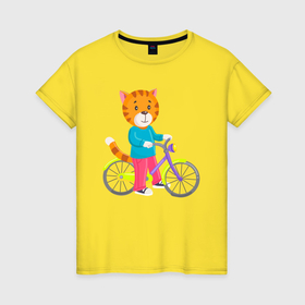 Женская футболка хлопок с принтом Котик на велосипеде в Санкт-Петербурге, 100% хлопок | прямой крой, круглый вырез горловины, длина до линии бедер, слегка спущенное плечо | 