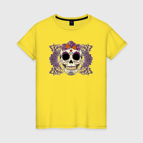 Женская футболка хлопок с принтом Мексиканский череп и фиолетовый розы в Тюмени, 100% хлопок | прямой крой, круглый вырез горловины, длина до линии бедер, слегка спущенное плечо | Тематика изображения на принте: 