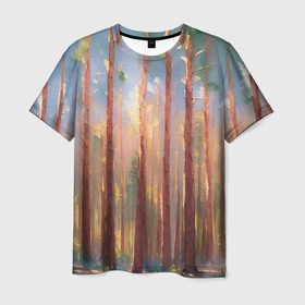 Мужская футболка 3D с принтом Солнечный сосновый лес в Тюмени, 100% полиэфир | прямой крой, круглый вырез горловины, длина до линии бедер | 