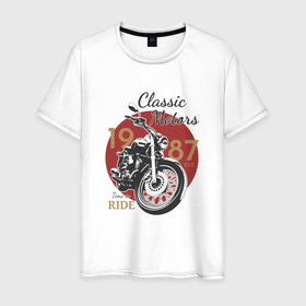 Мужская футболка хлопок с принтом Мотоцикл Ретро принт 1 в Санкт-Петербурге, 100% хлопок | прямой крой, круглый вырез горловины, длина до линии бедер, слегка спущенное плечо. | 