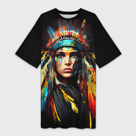 Платье-футболка 3D с принтом Молодая индианка в ярких перьях ,  |  | 