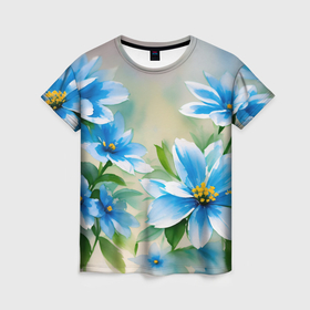 Женская футболка 3D с принтом Синие цветы акварель в Кировске, 100% полиэфир ( синтетическое хлопкоподобное полотно) | прямой крой, круглый вырез горловины, длина до линии бедер | 