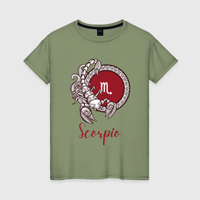 Женская футболка хлопок с принтом Скорпион знак зодиака в Тюмени, 100% хлопок | прямой крой, круглый вырез горловины, длина до линии бедер, слегка спущенное плечо | 