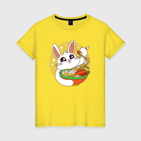 Женская футболка хлопок с принтом The hare eats noodles в Санкт-Петербурге, 100% хлопок | прямой крой, круглый вырез горловины, длина до линии бедер, слегка спущенное плечо | 