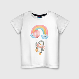 Детская футболка хлопок с принтом Пингвиненок летит на воздушном шаре в Новосибирске, 100% хлопок | круглый вырез горловины, полуприлегающий силуэт, длина до линии бедер | 