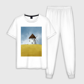 Мужская пижама хлопок с принтом Ветряная мельница в поле в Курске, 100% хлопок | брюки и футболка прямого кроя, без карманов, на брюках мягкая резинка на поясе и по низу штанин
 | Тематика изображения на принте: 