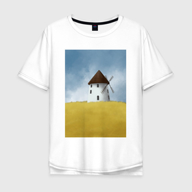 Мужская футболка хлопок Oversize с принтом Ветряная мельница в поле в Екатеринбурге, 100% хлопок | свободный крой, круглый ворот, “спинка” длиннее передней части | 