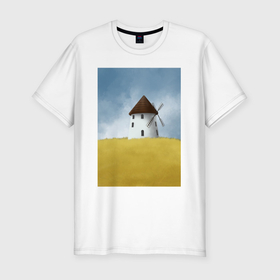 Мужская футболка хлопок Slim с принтом Ветряная мельница в поле в Новосибирске, 92% хлопок, 8% лайкра | приталенный силуэт, круглый вырез ворота, длина до линии бедра, короткий рукав | 