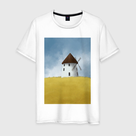 Мужская футболка хлопок с принтом Ветряная мельница в поле , 100% хлопок | прямой крой, круглый вырез горловины, длина до линии бедер, слегка спущенное плечо. | 