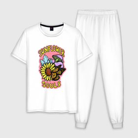 Мужская пижама хлопок с принтом Sunflower souls в Кировске, 100% хлопок | брюки и футболка прямого кроя, без карманов, на брюках мягкая резинка на поясе и по низу штанин
 | 