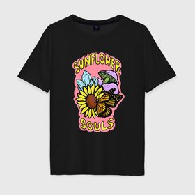 Мужская футболка хлопок Oversize с принтом Sunflower souls в Кировске, 100% хлопок | свободный крой, круглый ворот, “спинка” длиннее передней части | Тематика изображения на принте: 