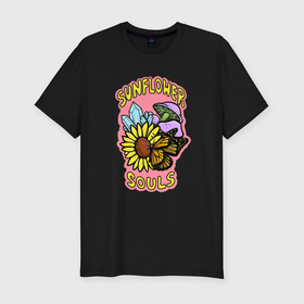 Мужская футболка хлопок Slim с принтом Sunflower souls в Кировске, 92% хлопок, 8% лайкра | приталенный силуэт, круглый вырез ворота, длина до линии бедра, короткий рукав | Тематика изображения на принте: 