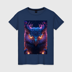 Женская футболка хлопок с принтом Ночная магическая сова в Санкт-Петербурге, 100% хлопок | прямой крой, круглый вырез горловины, длина до линии бедер, слегка спущенное плечо | 