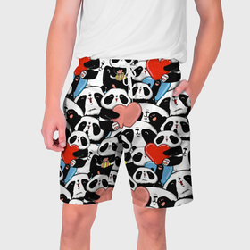 Мужские шорты 3D с принтом Панды с сердечками в Тюмени,  полиэстер 100% | прямой крой, два кармана без застежек по бокам. Мягкая трикотажная резинка на поясе, внутри которой широкие завязки. Длина чуть выше колен | 