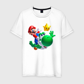 Мужская футболка хлопок с принтом Марио, Йоши и звезда в Тюмени, 100% хлопок | прямой крой, круглый вырез горловины, длина до линии бедер, слегка спущенное плечо. | 
