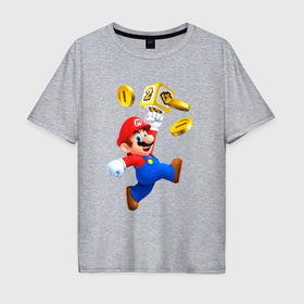 Мужская футболка хлопок Oversize с принтом Марио сбивает монетки в Петрозаводске, 100% хлопок | свободный крой, круглый ворот, “спинка” длиннее передней части | Тематика изображения на принте: 