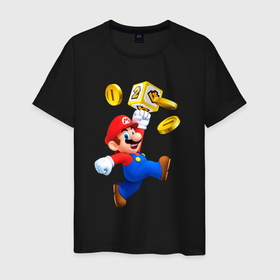 Мужская футболка хлопок с принтом Марио сбивает монетки в Петрозаводске, 100% хлопок | прямой крой, круглый вырез горловины, длина до линии бедер, слегка спущенное плечо. | 
