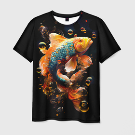 Мужская футболка 3D с принтом Золотая рыбка с изумрудной чешуей в Новосибирске, 100% полиэфир | прямой крой, круглый вырез горловины, длина до линии бедер | 