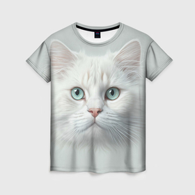 Женская футболка 3D с принтом Белый пушистый котик в Новосибирске, 100% полиэфир ( синтетическое хлопкоподобное полотно) | прямой крой, круглый вырез горловины, длина до линии бедер | 