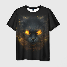 Мужская футболка 3D с принтом Черный кот с огненными глазами в Белгороде, 100% полиэфир | прямой крой, круглый вырез горловины, длина до линии бедер | 