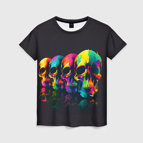 Женская футболка 3D с принтом Четыре разноцветных черепа в Екатеринбурге, 100% полиэфир ( синтетическое хлопкоподобное полотно) | прямой крой, круглый вырез горловины, длина до линии бедер | 