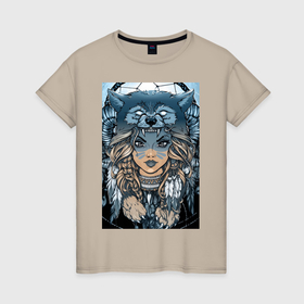 Женская футболка хлопок с принтом Девушка волчица в Екатеринбурге, 100% хлопок | прямой крой, круглый вырез горловины, длина до линии бедер, слегка спущенное плечо | 