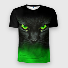 Мужская футболка 3D Slim с принтом Черный кот с зелеными глазами в Санкт-Петербурге, 100% полиэстер с улучшенными характеристиками | приталенный силуэт, круглая горловина, широкие плечи, сужается к линии бедра | 