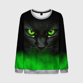 Мужской свитшот 3D с принтом Черный кот с зелеными глазами в Санкт-Петербурге, 100% полиэстер с мягким внутренним слоем | круглый вырез горловины, мягкая резинка на манжетах и поясе, свободная посадка по фигуре | 