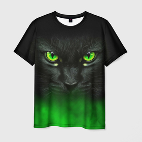 Мужская футболка 3D с принтом Черный кот с зелеными глазами , 100% полиэфир | прямой крой, круглый вырез горловины, длина до линии бедер | 