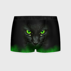 Мужские трусы 3D с принтом Черный кот с зелеными глазами в Петрозаводске, 50% хлопок, 50% полиэстер | классическая посадка, на поясе мягкая тканевая резинка | 