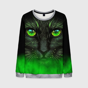 Мужской свитшот 3D с принтом Черный кот с зеленым цветом в Санкт-Петербурге, 100% полиэстер с мягким внутренним слоем | круглый вырез горловины, мягкая резинка на манжетах и поясе, свободная посадка по фигуре | 