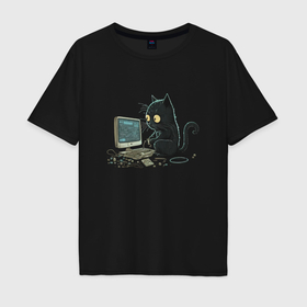 Мужская футболка хлопок Oversize с принтом Пушистый программист в Екатеринбурге, 100% хлопок | свободный крой, круглый ворот, “спинка” длиннее передней части | 
