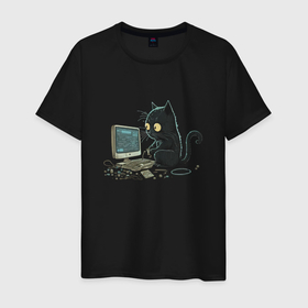 Мужская футболка хлопок с принтом Пушистый программист в Кировске, 100% хлопок | прямой крой, круглый вырез горловины, длина до линии бедер, слегка спущенное плечо. | 